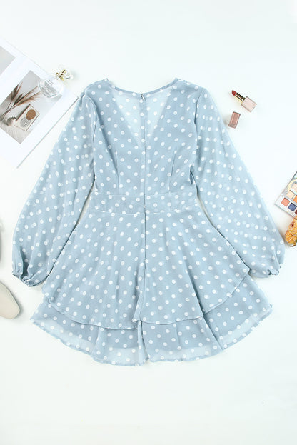 Tied Layered Polka Dot Balloon Sleeve Dress-Angel Casuals