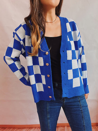 Checkered Open Front Button Up Cardigan-Angel Casuals