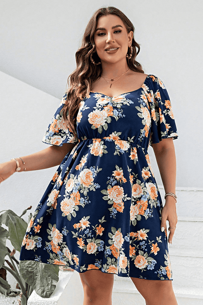 Plus Size Floral Print V-Neck Flutter Sleeve Mini Dress-Angel Casuals