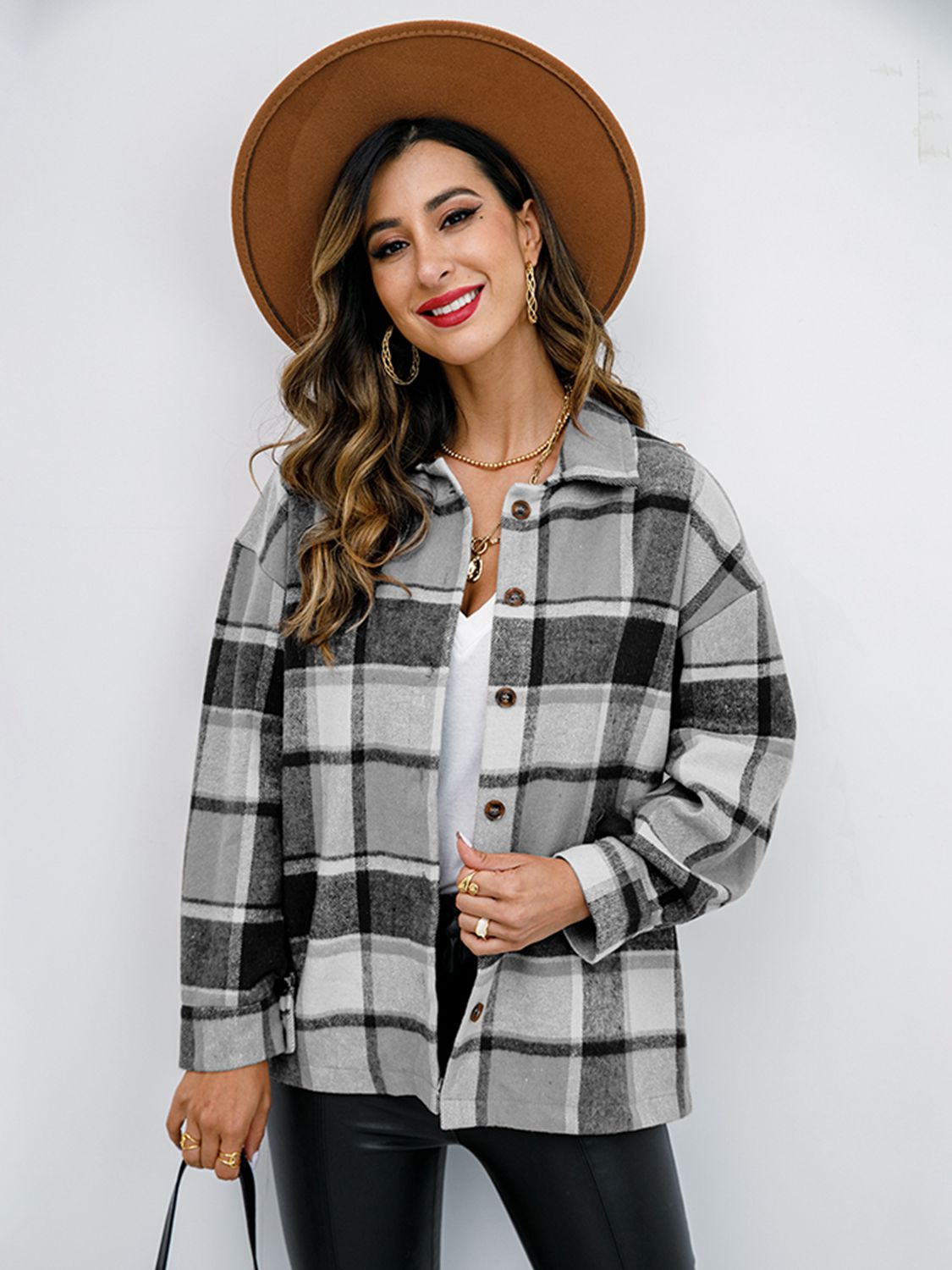 Plaid Button Up Collared Neck Jacket-Angel Casuals