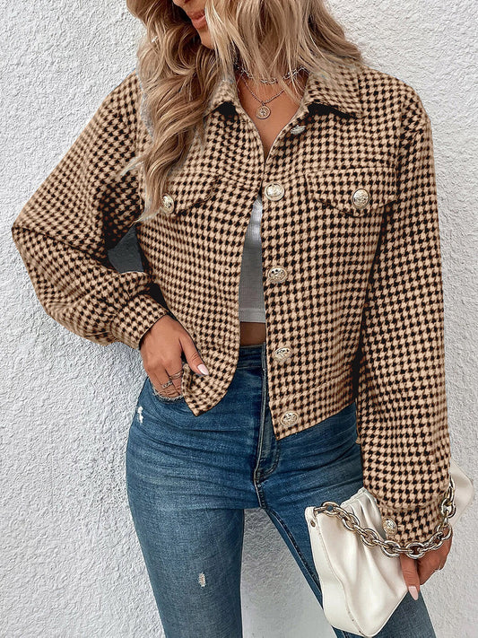 Houndstooth Collared Neck Button Up Jacket-Angel Casuals