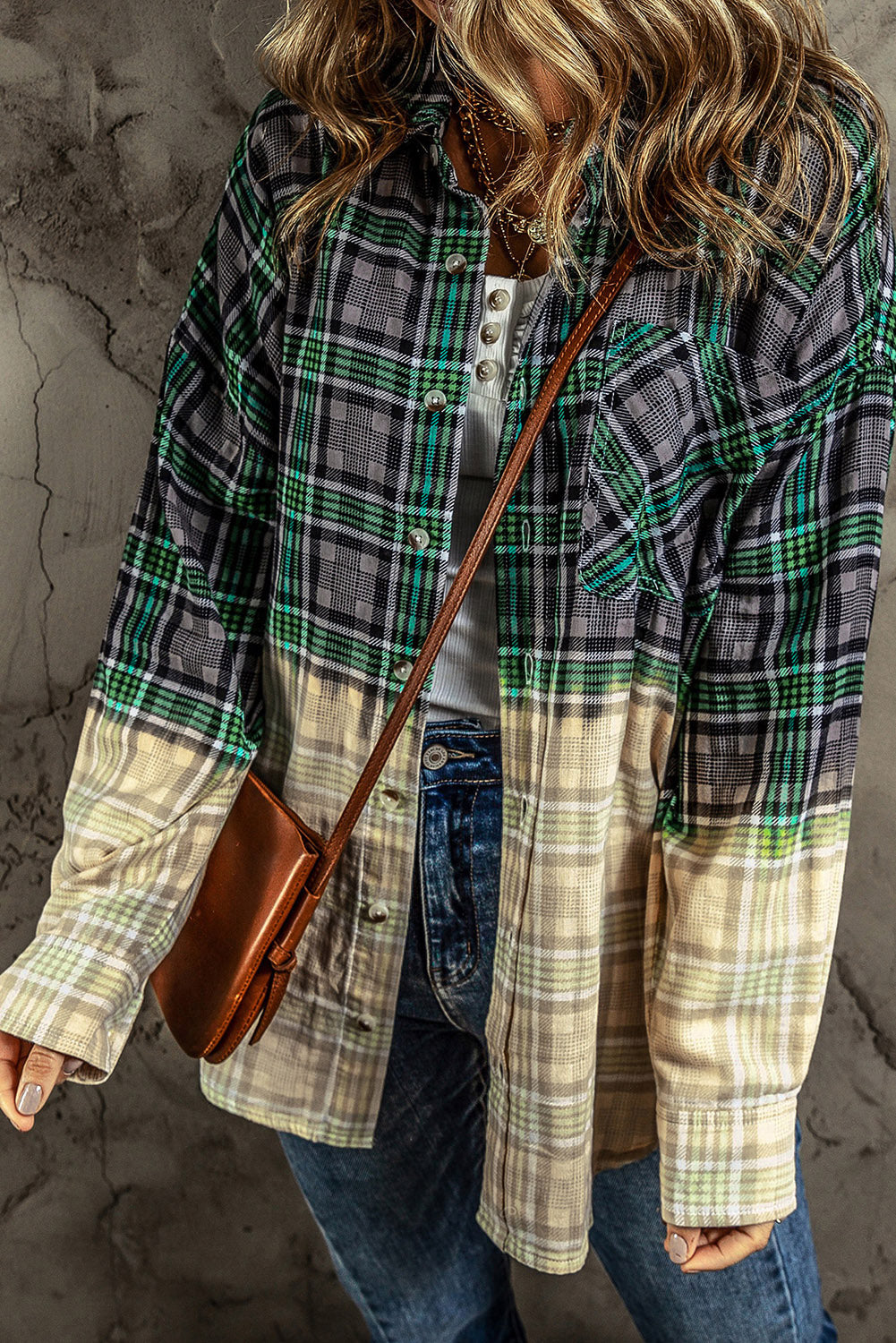 Contrast Plaid Button Up Long Sleeve Shacket-Angel Casuals