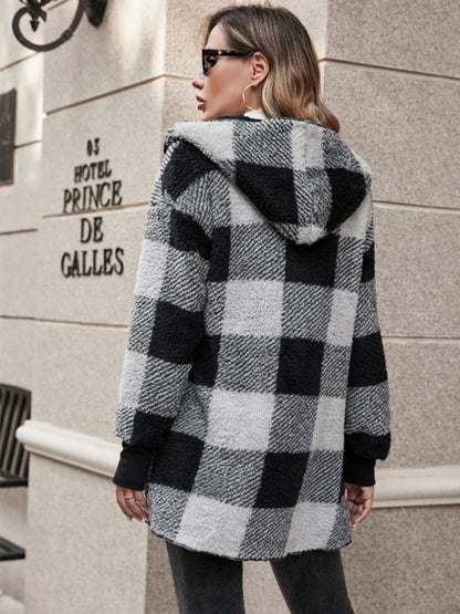 Plaid Long Sleeve Hooded Coat-Angel Casuals