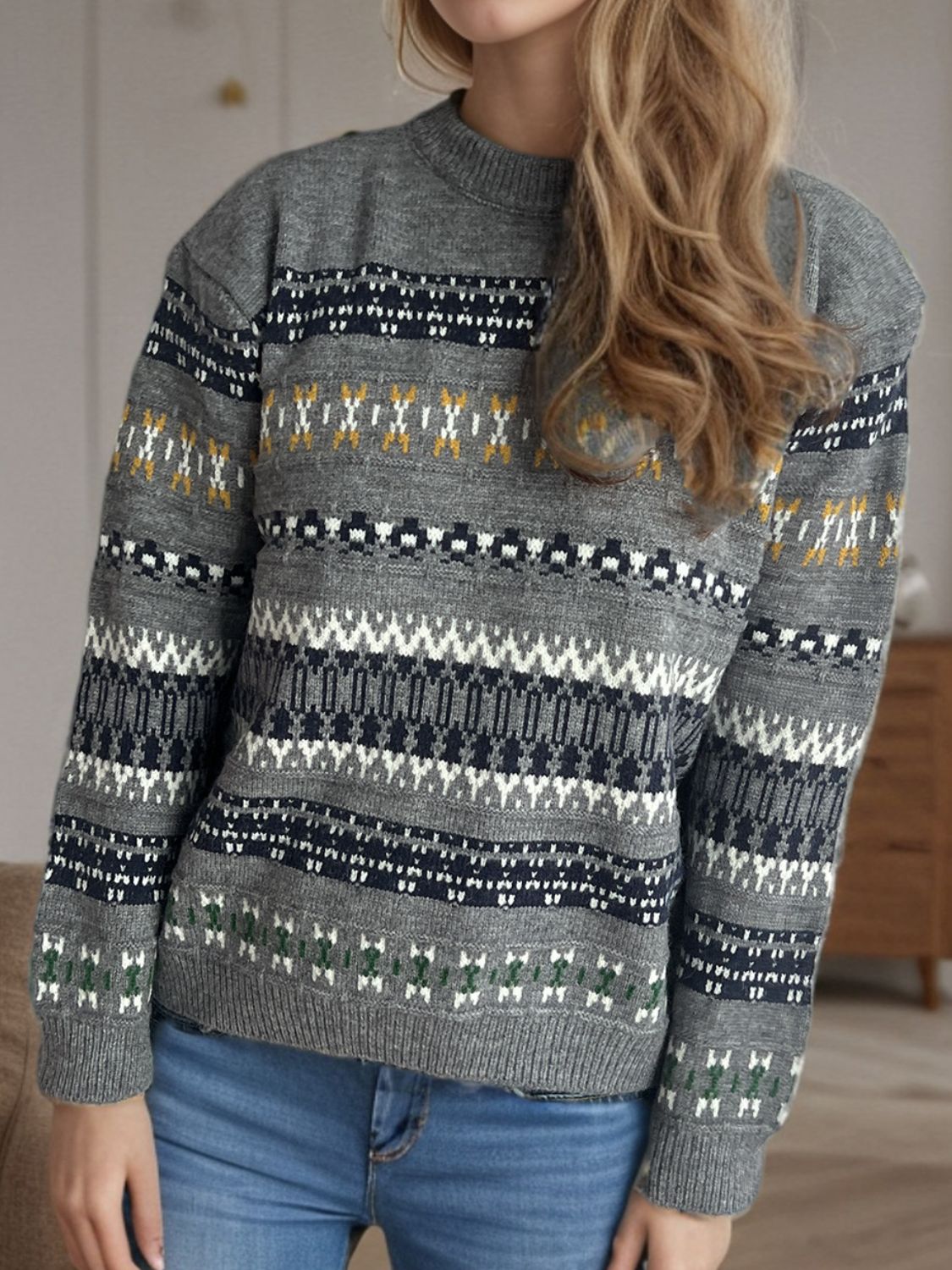 Geometric Round Neck Long Sleeve Sweater-Angel Casuals