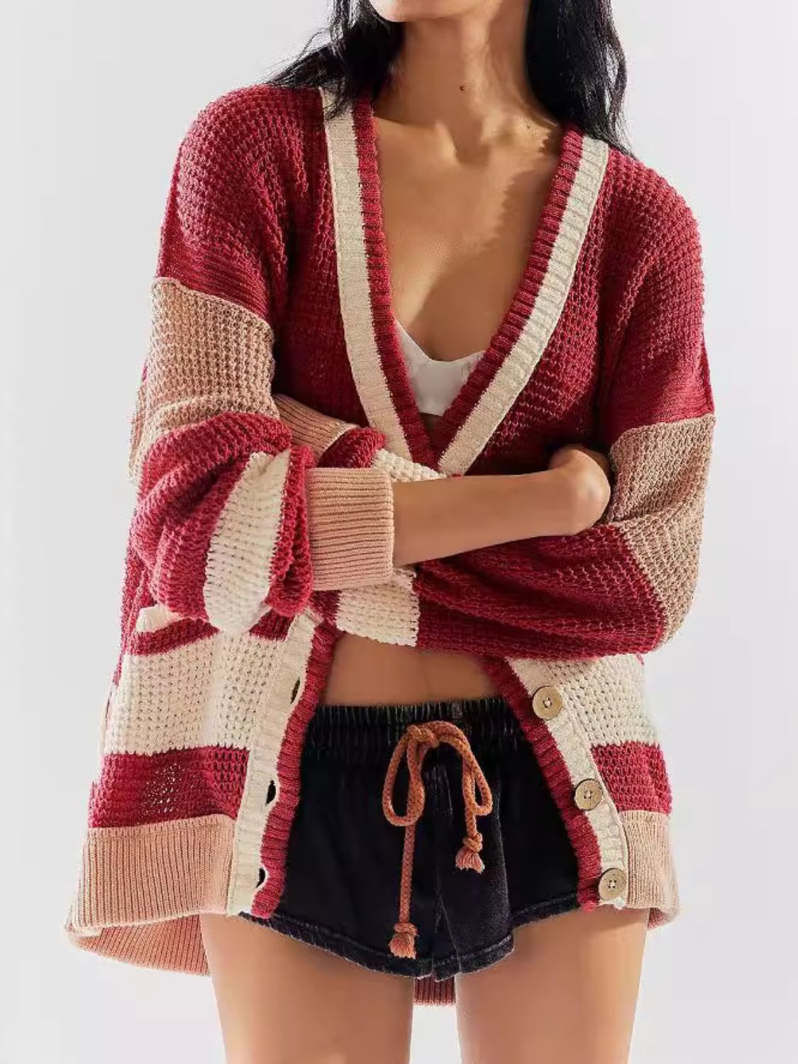 Pocketed Contrast V-Neck Long Sleeve Cardigan-Angel Casuals
