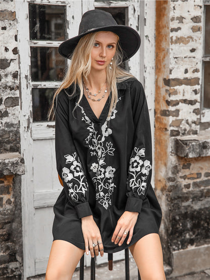 Floral Collared Neck Long Sleeve Dress-Angel Casuals