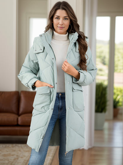 Long Sleeve Longline Hooded Winter Coat with Pockets-Angel Casuals