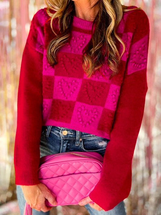 Plaid Heart Round Neck Sweater-Angel Casuals