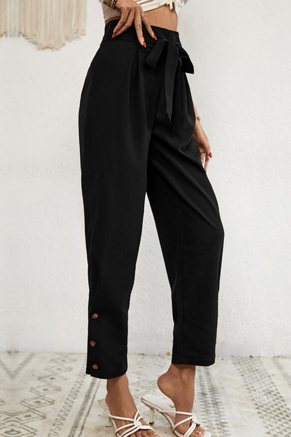 Buttoned Tie-Waist Cropped Pants-Angel Casuals