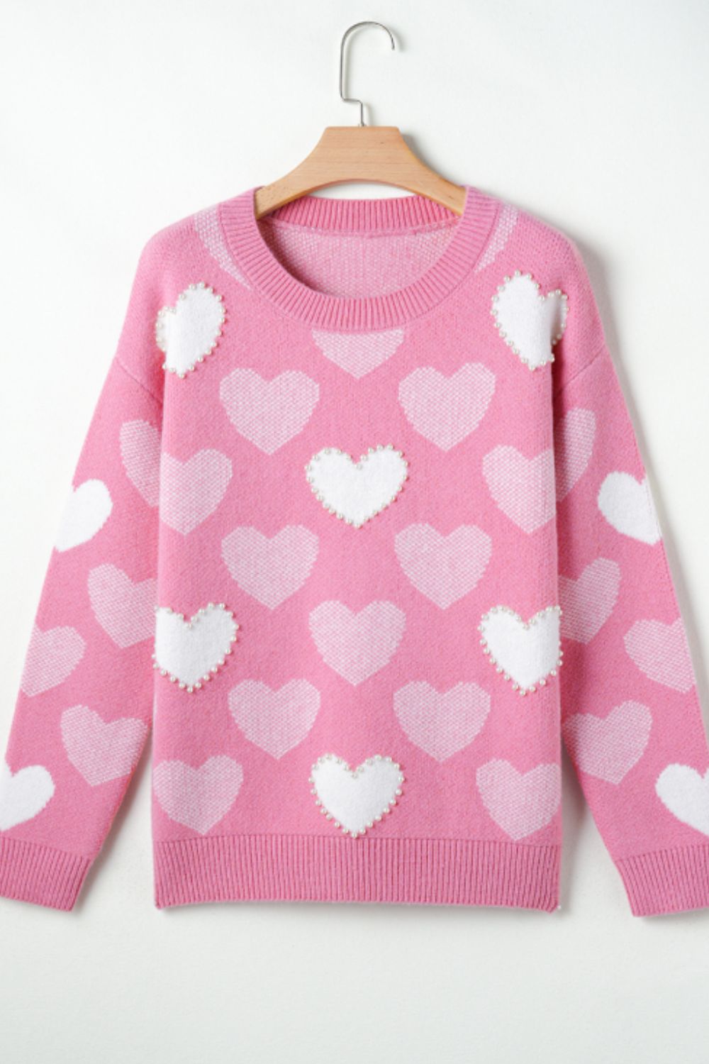 Pearl Trim Heart Round Neck Long Sleeve Sweater-Angel Casuals