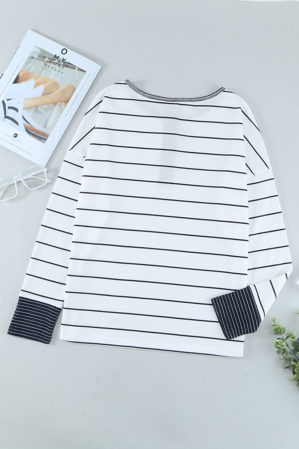 Striped Waffle Knit Henley Long Sleeve Top-Angel Casuals