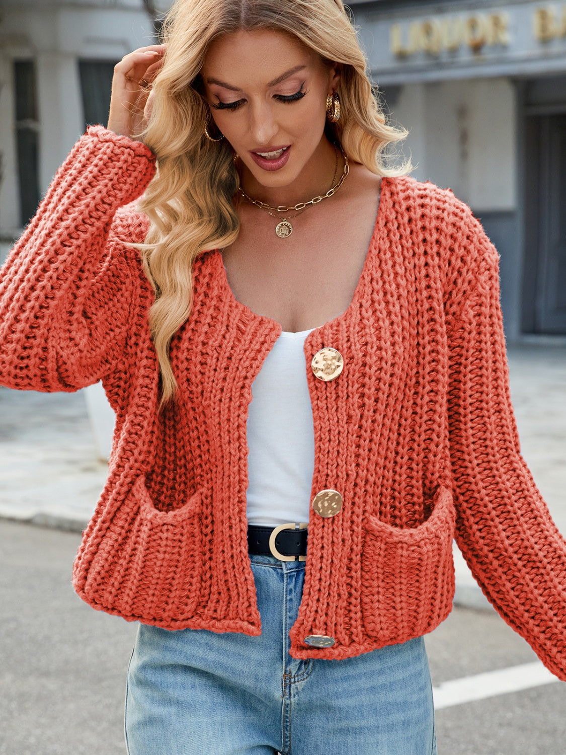 Round Neck Button Up Cardigan with Pockets-Angel Casuals