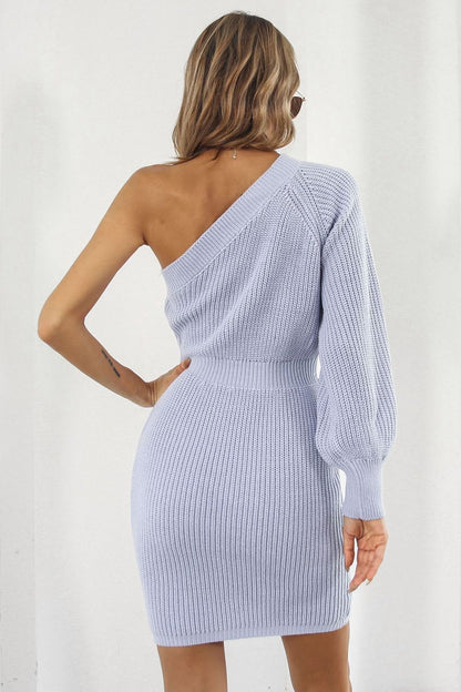 One Shoulder Raglan Sleeve Pencil Sweater Dress-Angel Casuals