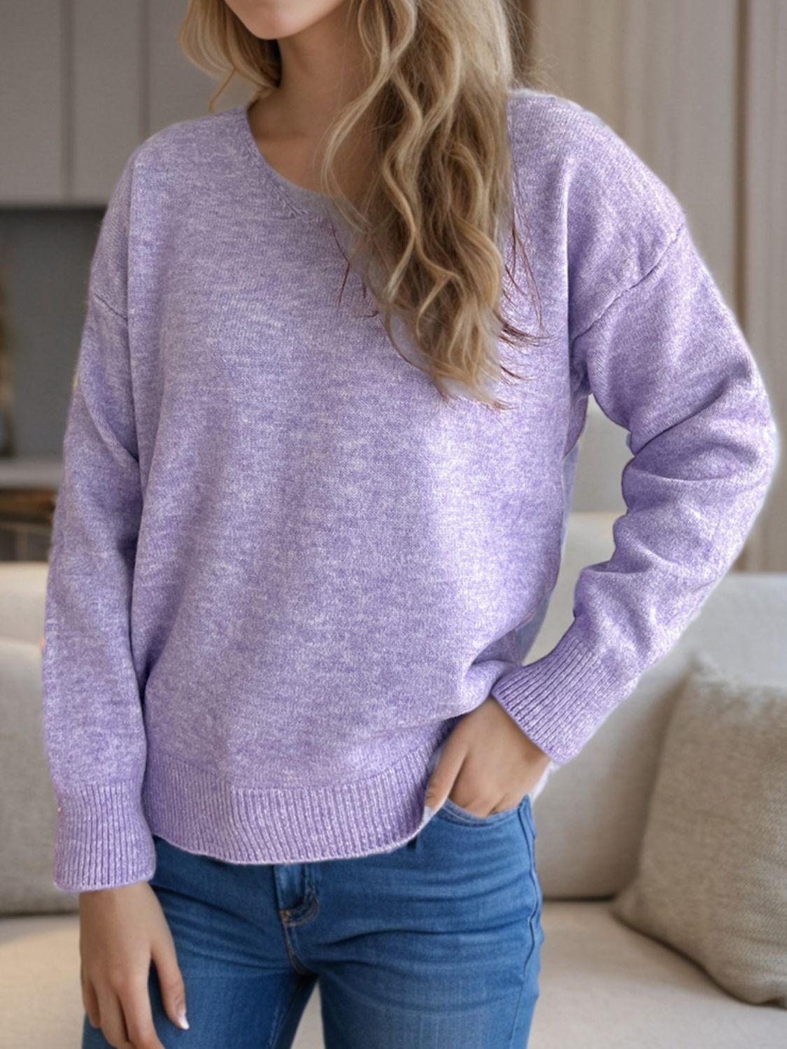 V-Neck Dropped Shoulder Long Sleeve Sweater-Angel Casuals