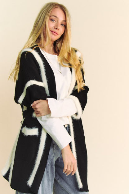 Davi & Dani Fuzzy Trim Open Front Loose Fit Cardigan-Angel Casuals