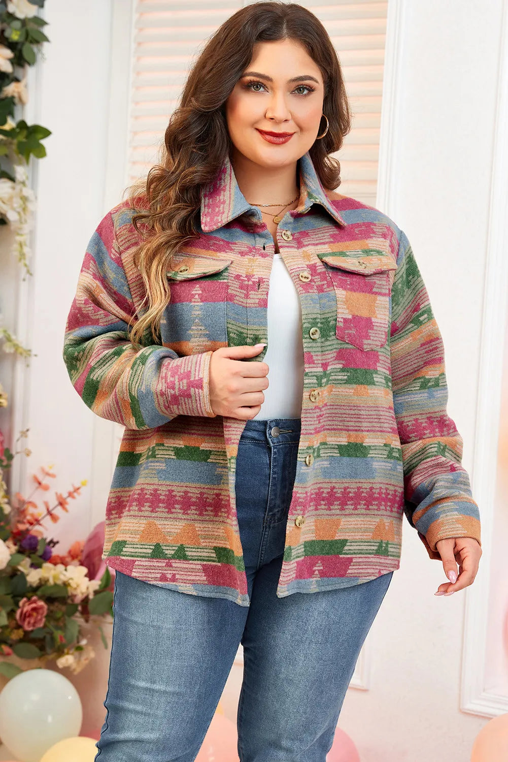 Plus Size Pocketed Printed Collared Neck Jacket-Angel Casuals