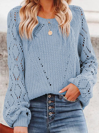 Openwork Round Neck Lantern Sleeve Sweater-Angel Casuals