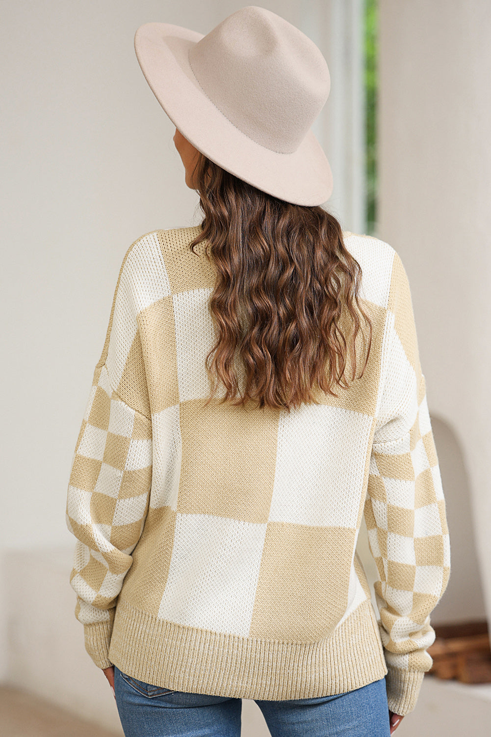 Plaid Round Neck Dropped Shoulder Sweater-Angel Casuals