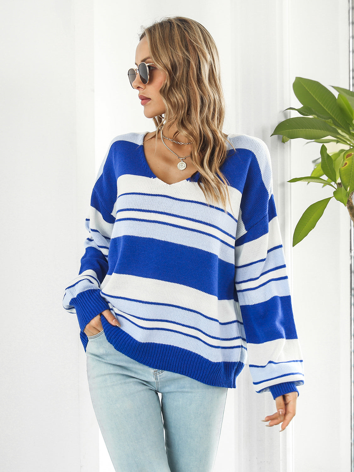 Striped V-Neck Long Sleeve Knit Top-Angel Casuals