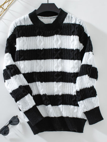 Striped Round Neck Long Sleeve Sweater-Angel Casuals