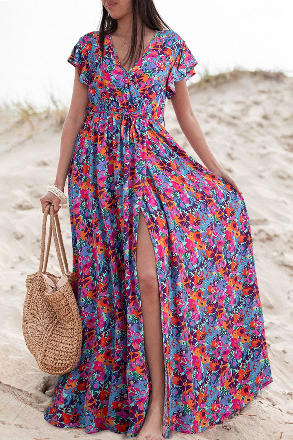 Slit Printed Cap Sleeve Maxi Dress-Angel Casuals