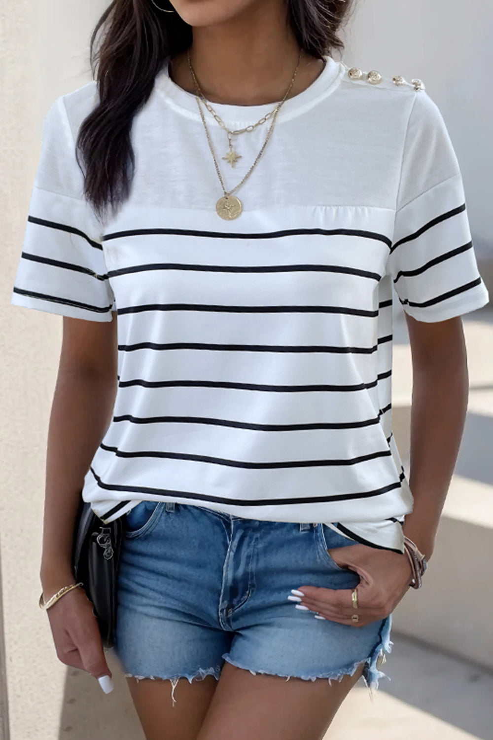 Decorative Button Striped Short Sleeve T-Shirt-Angel Casuals