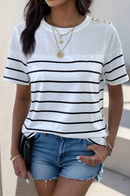 Decorative Button Striped Short Sleeve T-Shirt-Angel Casuals