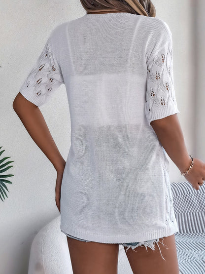 Openwork Open Front Short Sleeve Cardigan-Angel Casuals