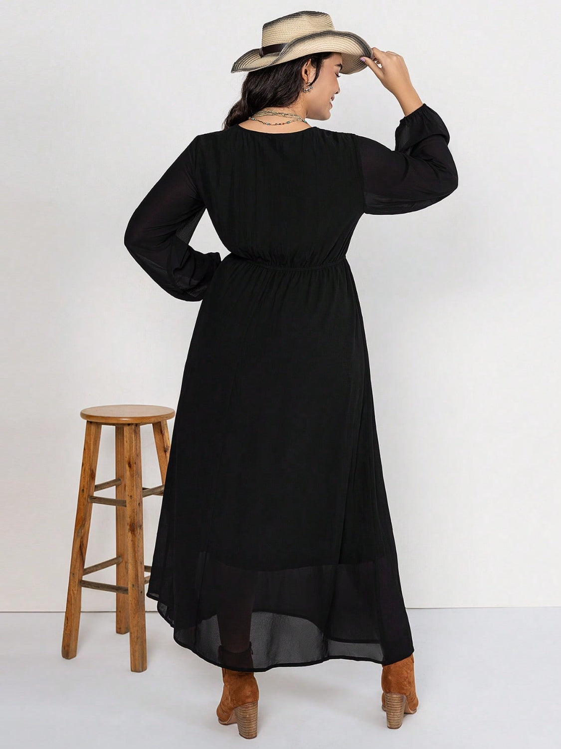 Plus Size Embroidered Tie Neck Long Sleeve Dress-Angel Casuals