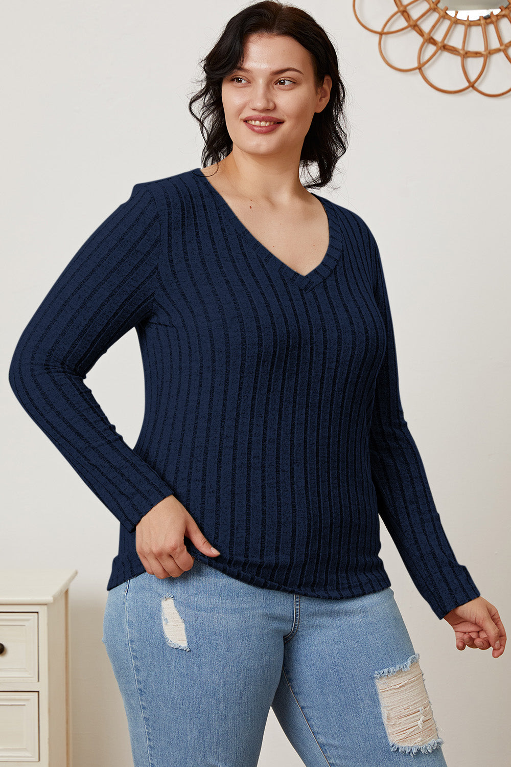 Basic Bae Full Size Ribbed V-Neck Long Sleeve T-Shirt-Angel Casuals