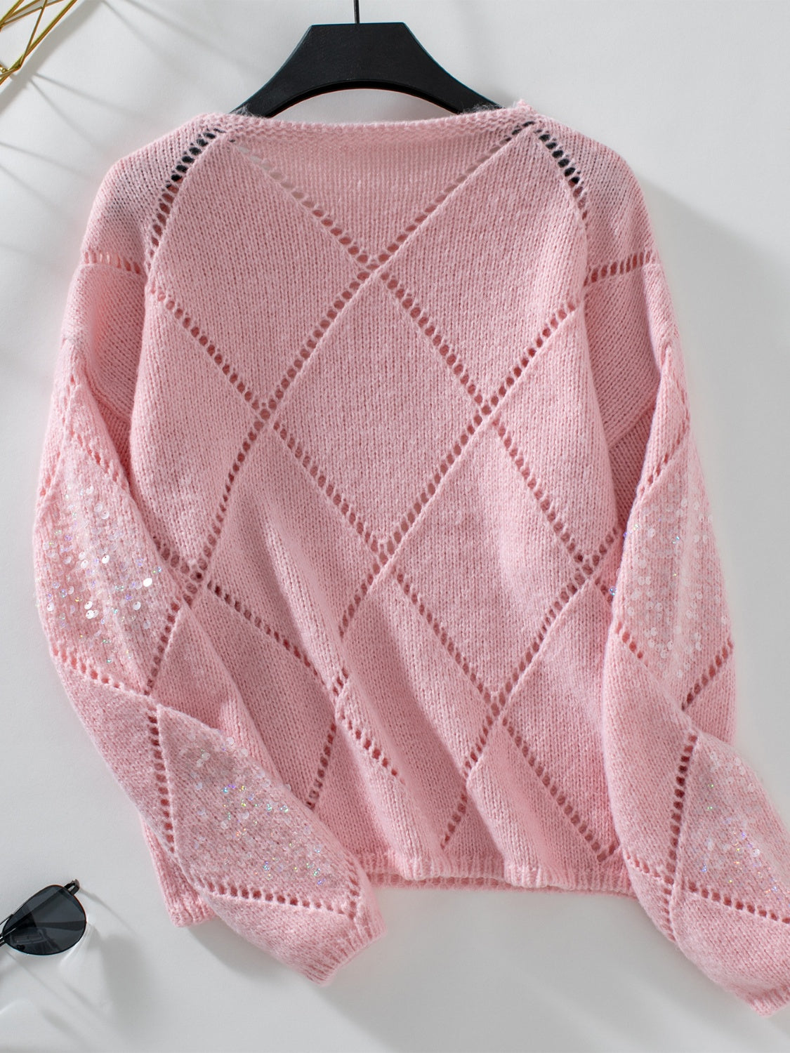 Openwork Round Neck Long Sleeve Knit Top-Angel Casuals