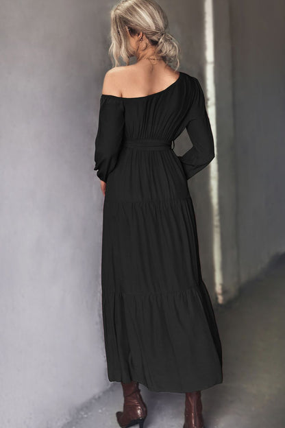 Belted One-Shoulder Tiered Maxi Dress-Angel Casuals