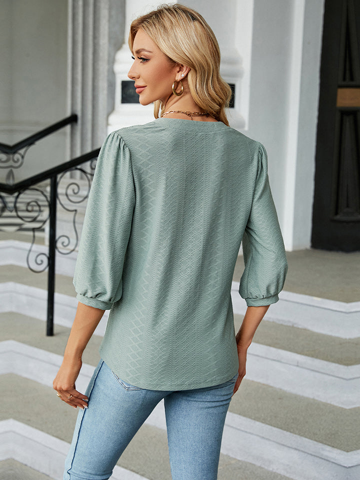 Notched Neck Three-Quarter Sleeve Blouse-Angel Casuals