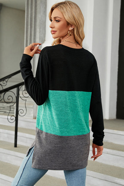 Color Block Round Neck Long Sleeve T-Shirt-Angel Casuals