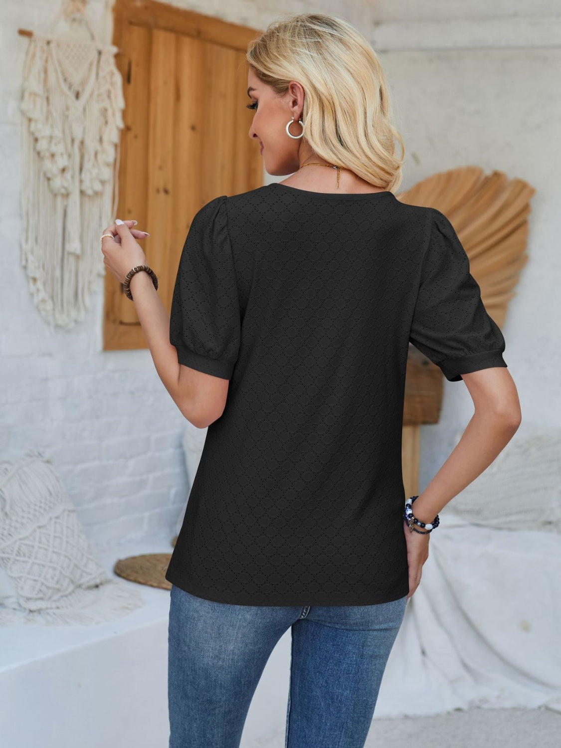 Eyelet Asymmetrical Neck Short Sleeve T-Shirt-Angel Casuals