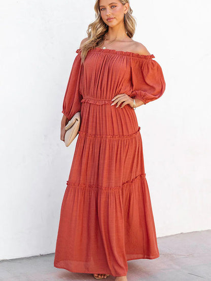 Ruffle Trim Off Shoulder Long Sleeve Maxi Dress-Angel Casuals