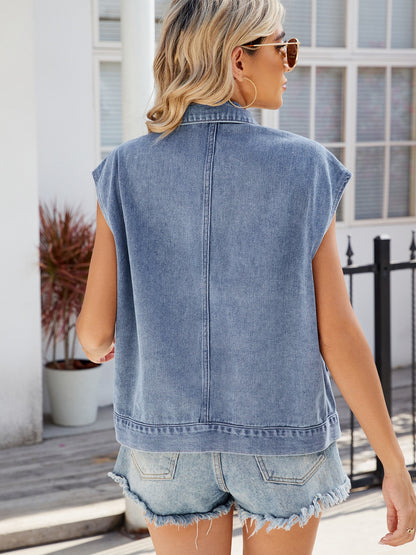 Pocketed Button Up Sleeveless Denim Jacket-Angel Casuals