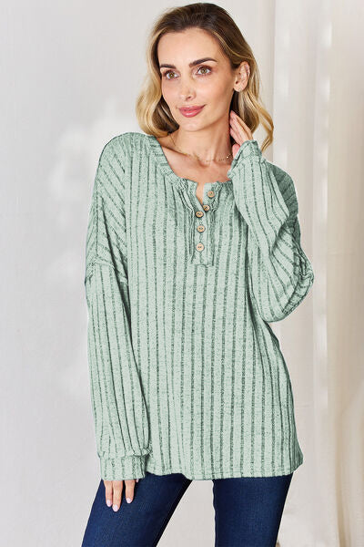 Basic Bae Full Size Ribbed Half Button Long Sleeve T-Shirt-Angel Casuals