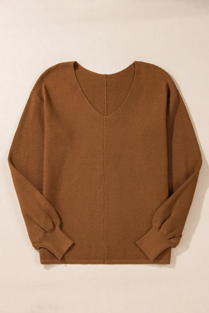 V-Neck Dropped Shoulder Long Sleeve Sweater-Angel Casuals