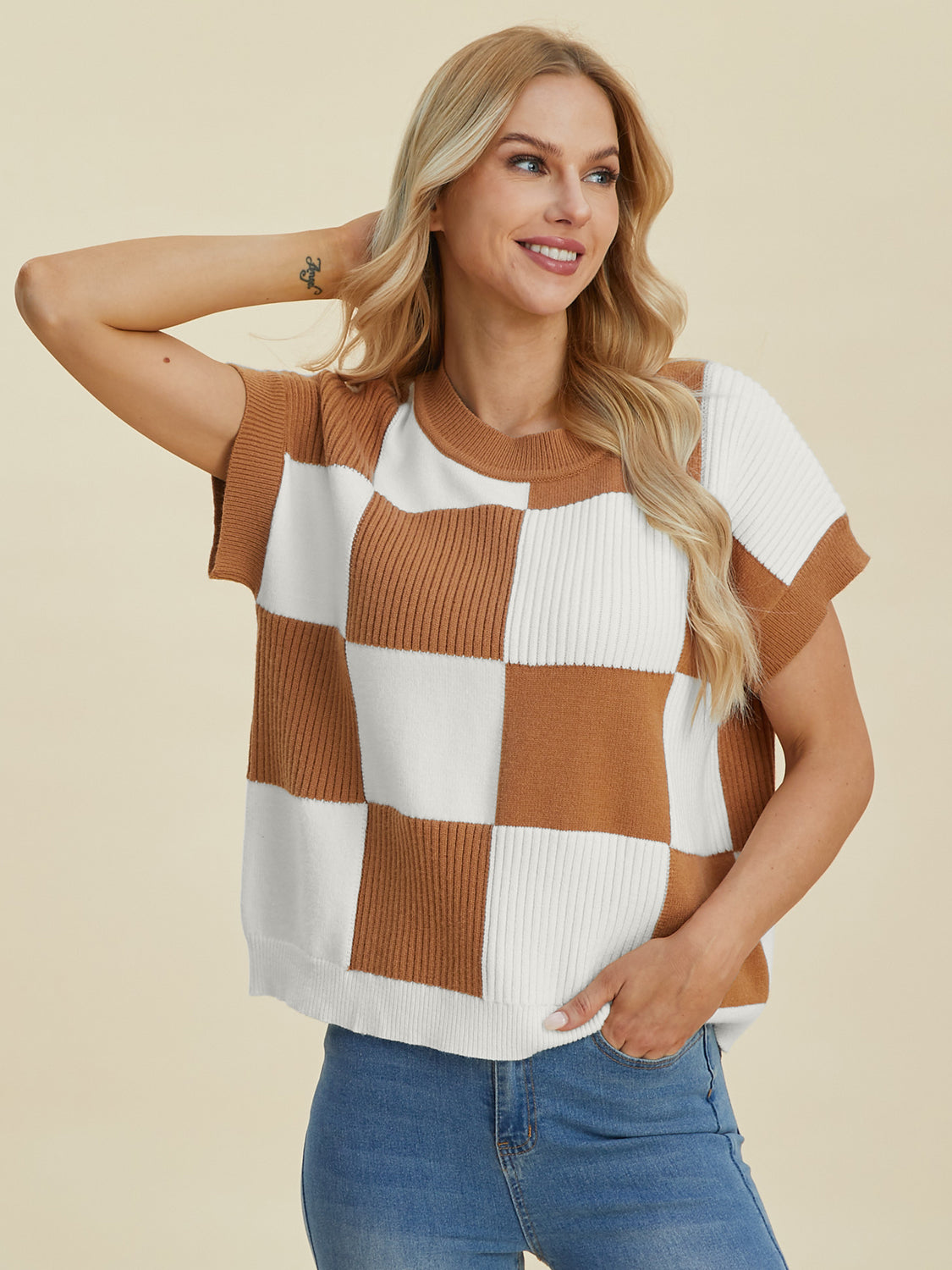 Double Take Full Size Checkered Round Neck Short Sleeve Sweater-Angel Casuals