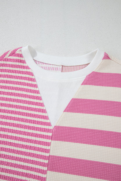 High-Low Striped Round Neck Short Sleeve T-Shirt-Angel Casuals