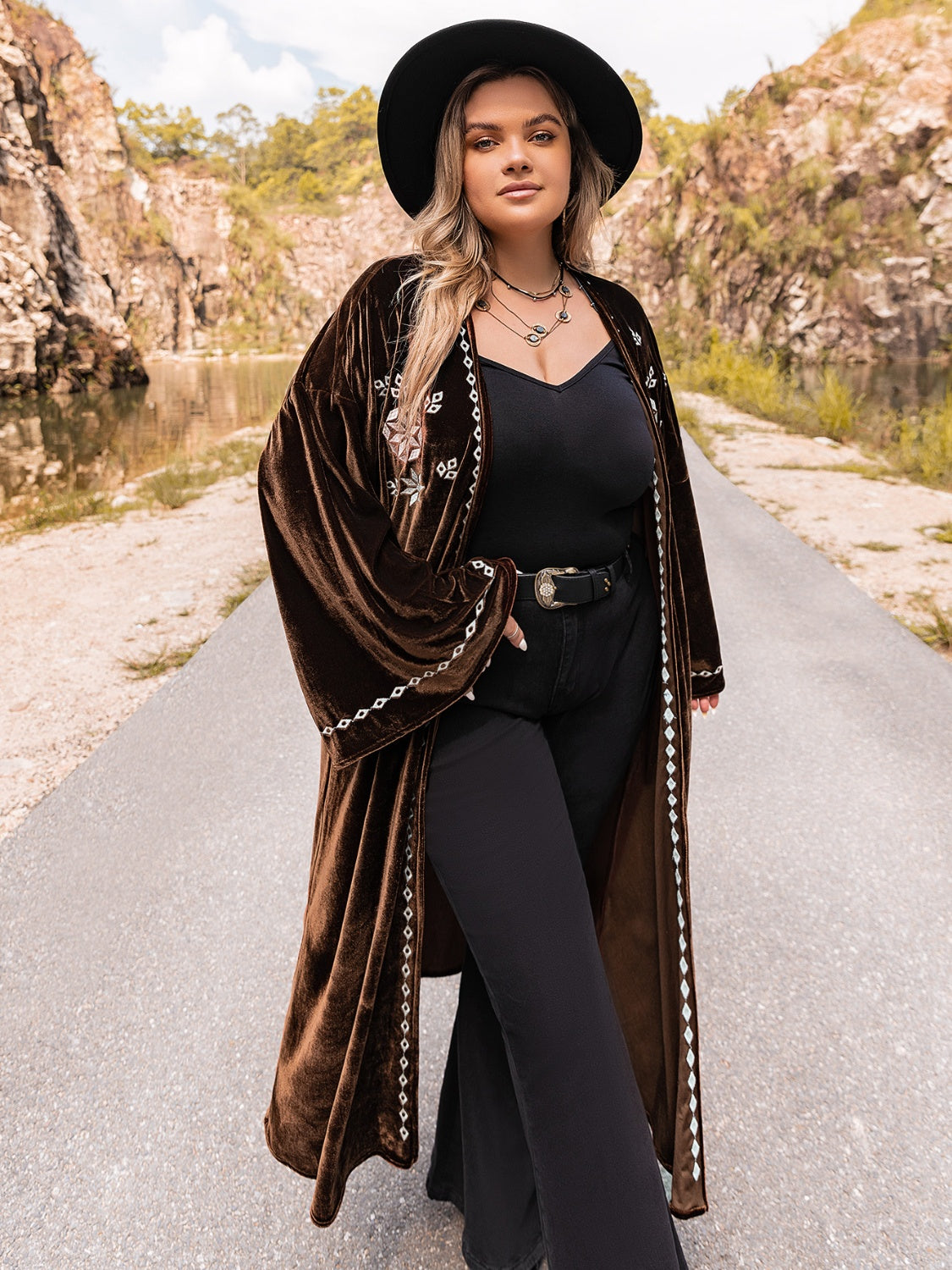 Plus Size Embroidery Open Front Long Sleeve Cardigan-Angel Casuals
