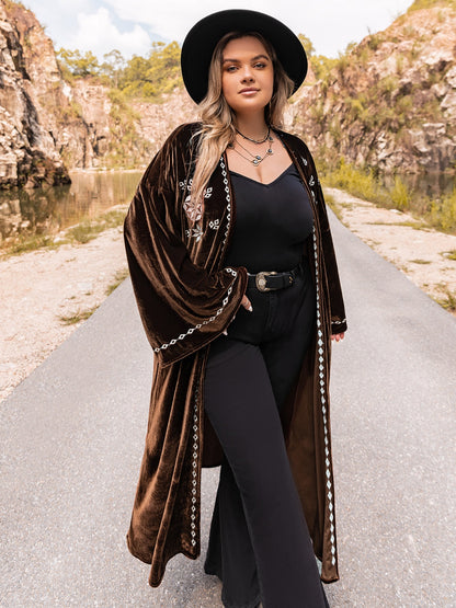 Plus Size Embroidery Open Front Long Sleeve Cardigan-Angel Casuals
