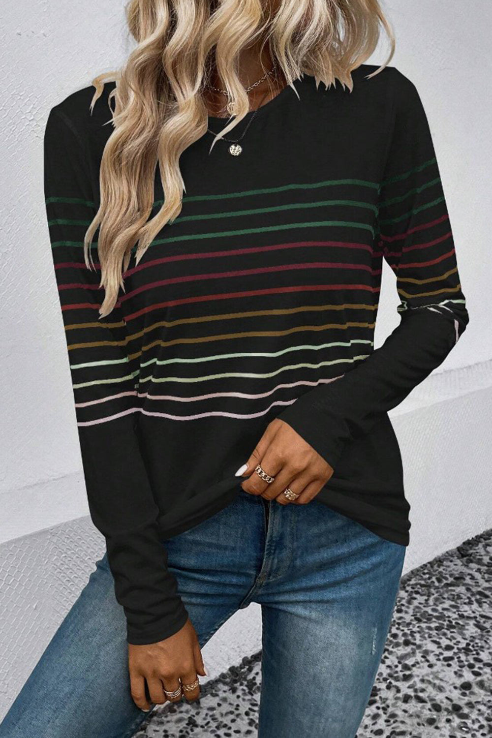 Striped Round Neck Long Sleeve T-Shirt-Angel Casuals