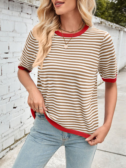 Lovelet Striped Contrast Round Neck Half Sleeve Knit Top-Angel Casuals