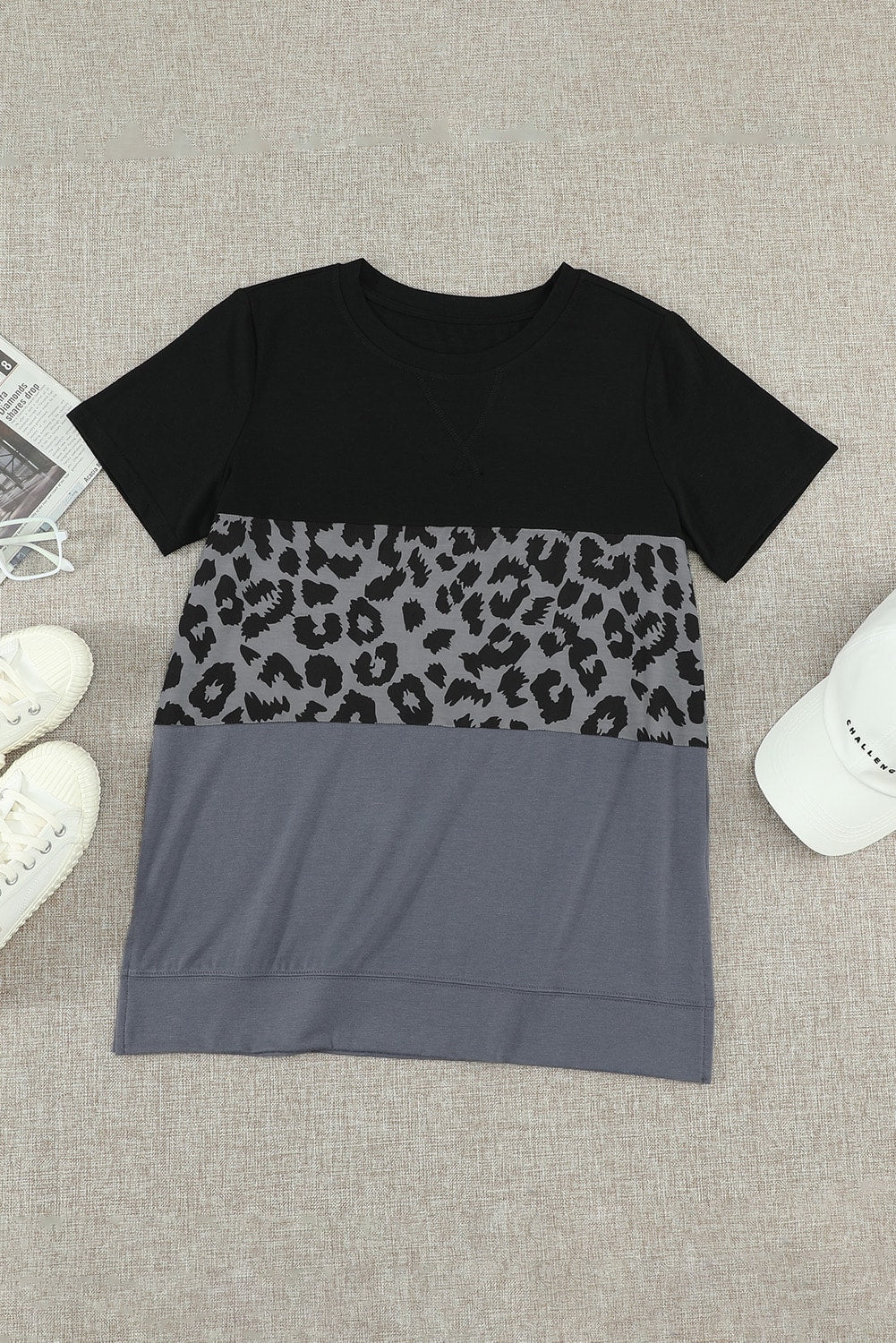 Leopard Print Color Block Short Sleeve T-Shirt-Angel Casuals