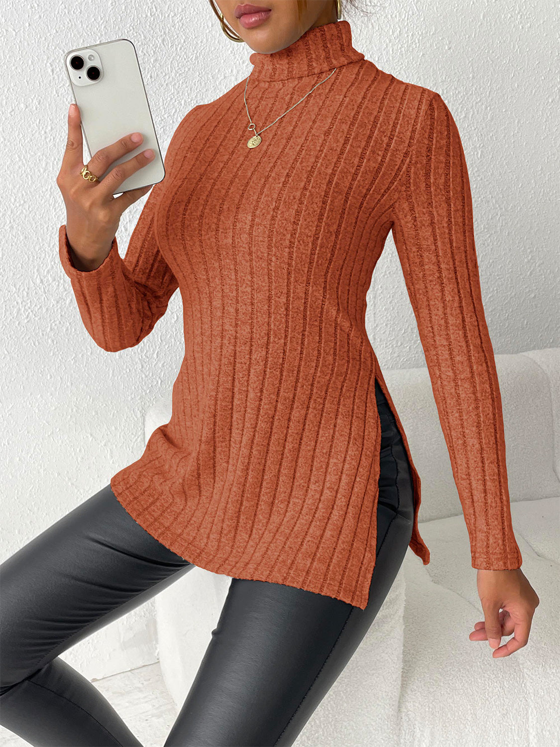 Ribbed Turtleneck Long Sleeve Slit T-Shirt-Angel Casuals