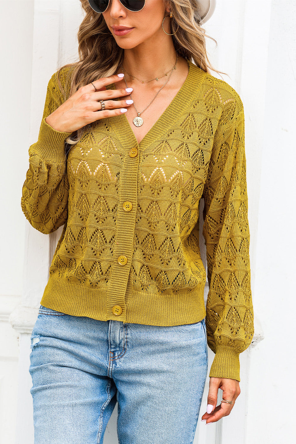 Openwork V-Neck Cardigan-Angel Casuals