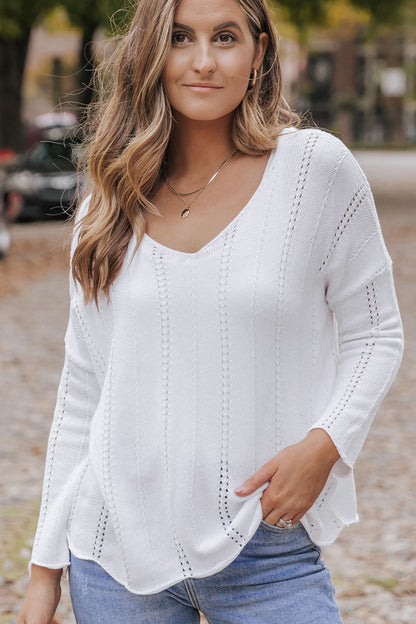 Openwork V-Neck Long Sleeve Knit Top-Angel Casuals