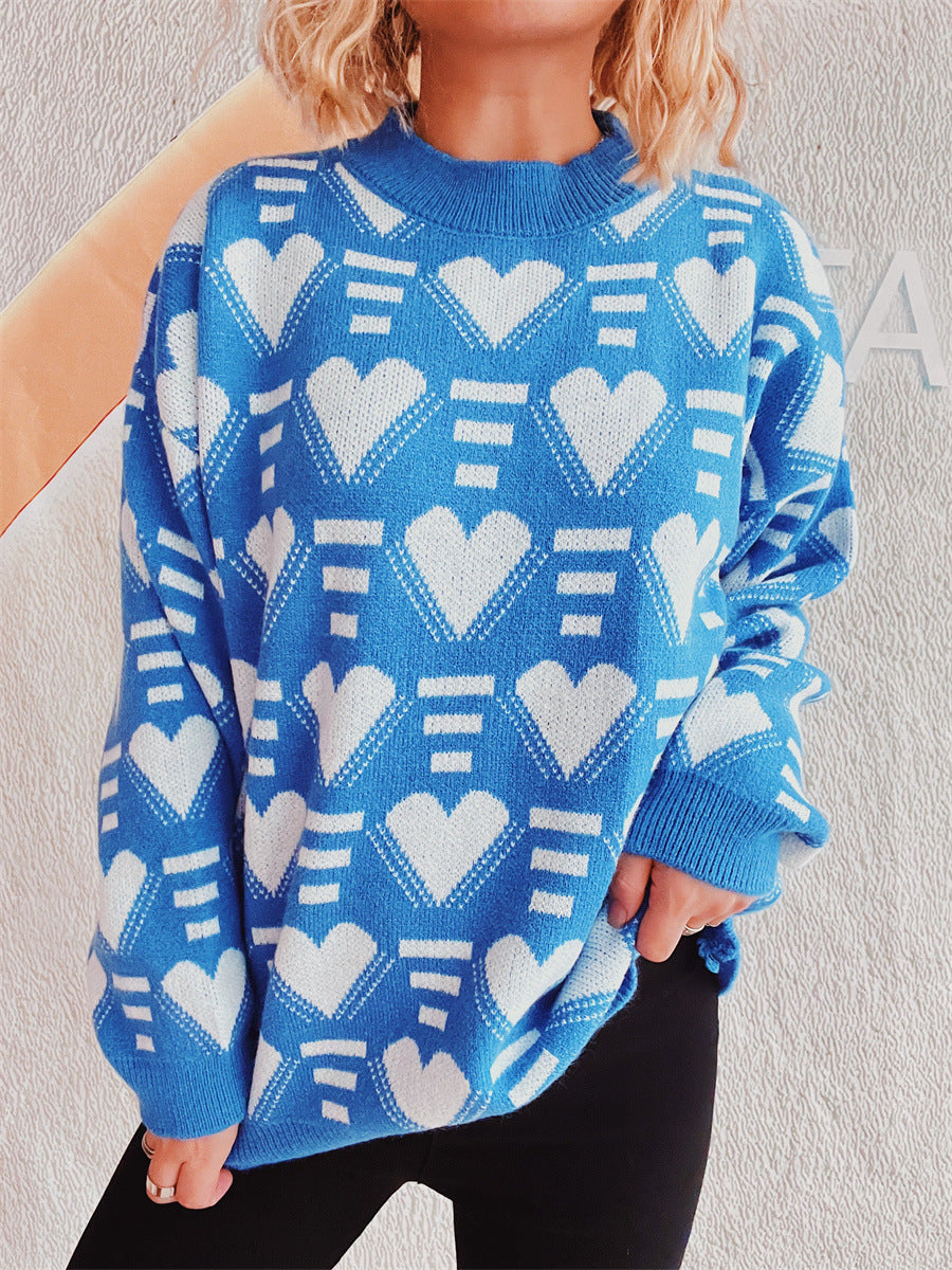 Heart Contrast Long Sleeve Dropped Shoulder Sweater-Angel Casuals